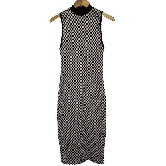 Zara Brown Sweater Knit Dress Size S Check Midi - Picture 1 of 13